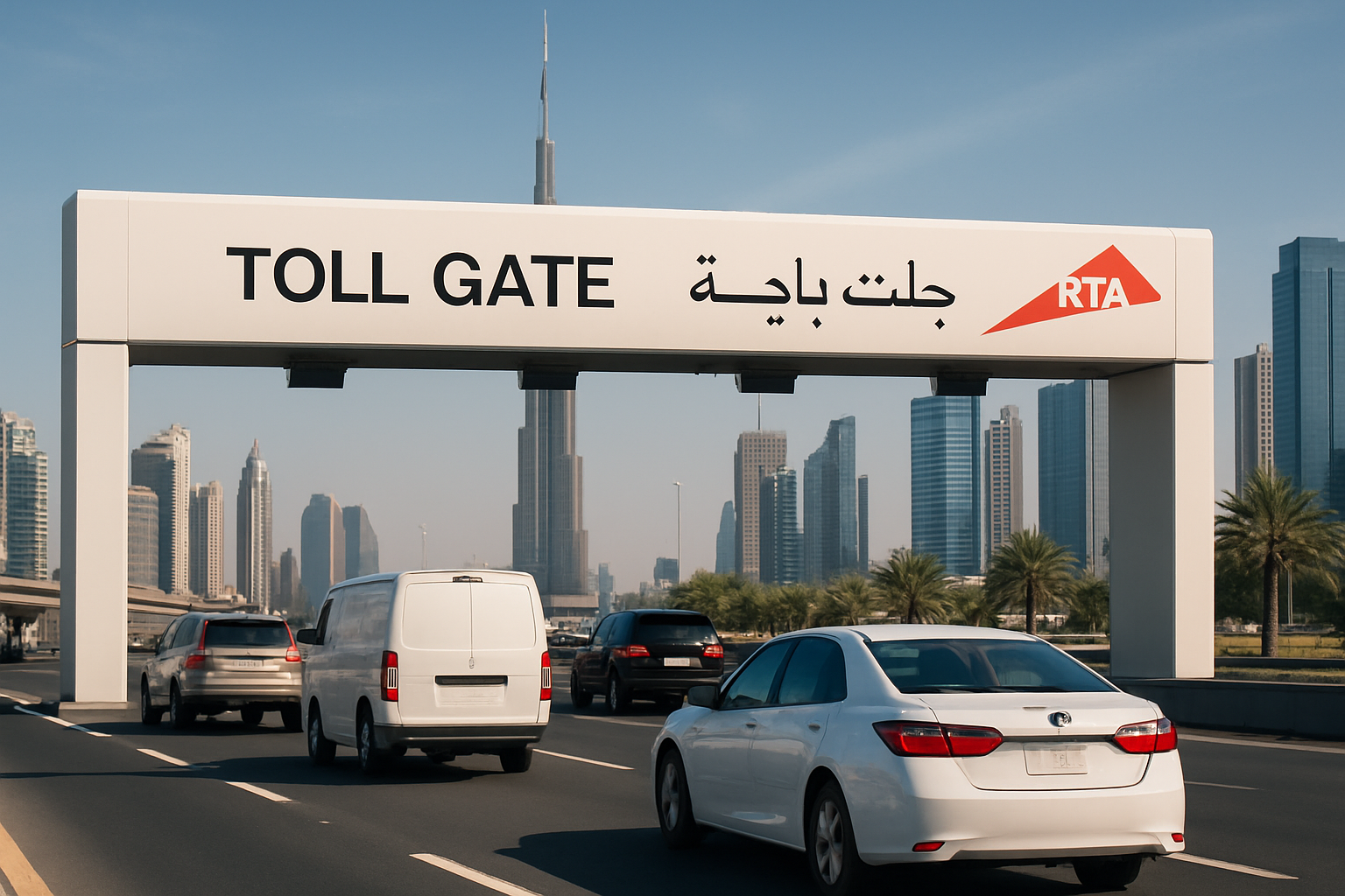 Modern Dubai toll gate with vehicles passing through